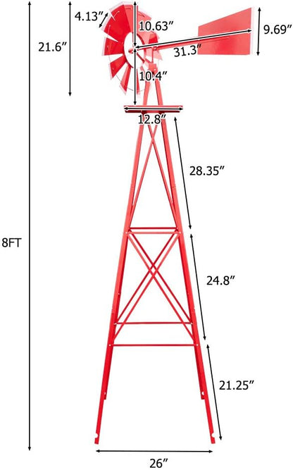 Metal Windmill for Garden Yard Decor, 8ft Tall Windmill Pinwheels Outdoor with Spinning Blades, Weather Vanes Lawn Ornaments, Weather-Resistant, Red