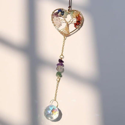 Crystal Sun Catcher, Heart 7 Chakra Tree of Life Crystal Suncatcher Hanging for Indoor Window, Dream Catchers for Car, Spiritual, Rainbow Maker, Christmas Decor