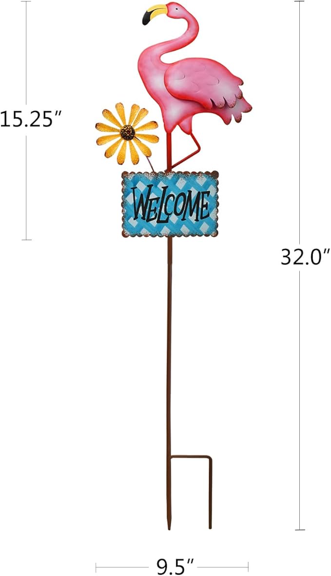Metal Flamingo Garden Stakes Welcome Yard Sign Decorative Pink Flamingos Ornament Indoor Outdoor Party Stake Lawn Art Patio Backyard Flower Bed Decor (Blue, L)