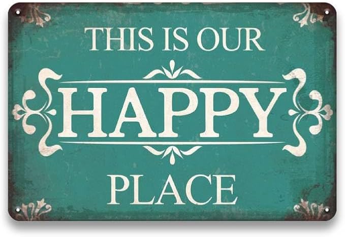 Metal Porch Signs Outdoor - This is Our Happy Place Sign, Vintage Welcome Sign for Front Door, Deck, Backyard, Outside Yard, Farmhouse, Garden, Pool, Patio, Porch Decor Wall Art, 12 x 8 inch