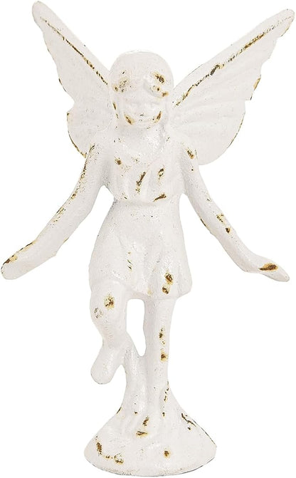 Sungmor Cast Iron Angel Statue, Rustic White Playful Fairy Figurines, Creative Angel Pixie Collection Home Office Desk Decor, Indoor Outdoor Fairy Garden Accent Ornament