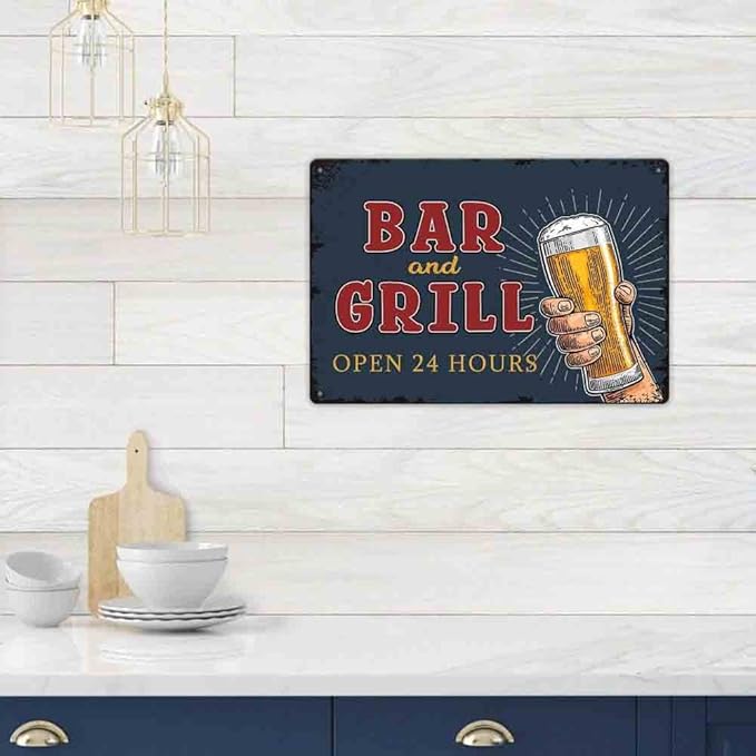 SCAZOMV Bar And Grill Metal Sign Pub Decor Man Cave Signs Vintage Wall Art Decorations Tin Plaque Dads Fathers Rustic Home Beer Bar Accessories 12"X8"