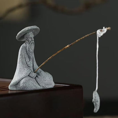 livelyfish Mini Fisherman Statue Asian Zen Decoration Sitting Fishing Figurines Sandstone Vintage Ornament for Aquarium Fish Tank Pot Garden Home Japanese Decor (B)