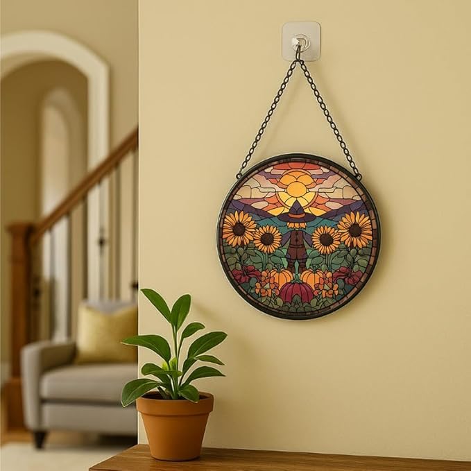 Stained Glass Window Hanging Scarecrow Sunflower and Pumpkin Sun Catchers Panel for Indoor Decorative Display for Mom, Wife, Lovers, Festive