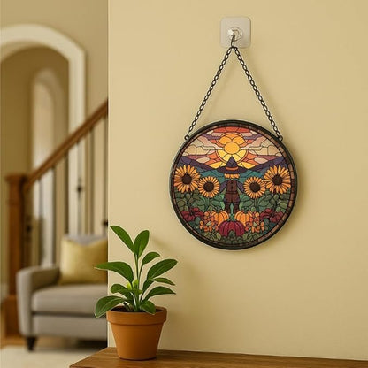 Stained Glass Window Hanging Scarecrow Sunflower and Pumpkin Sun Catchers Panel for Indoor Decorative Display for Mom, Wife, Lovers, Festive