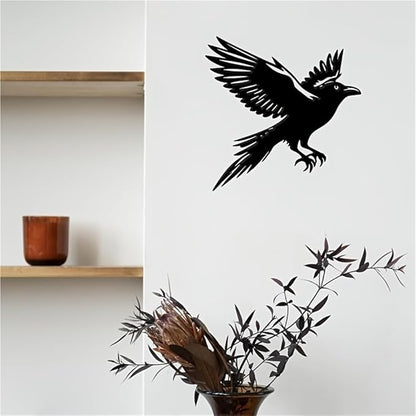 Modern Winged Crow Wall Art - Minimalist Black Metal Raven, Sleek Wrought Iron Bird Decor For Indoor/Outdoor, Contemporary Gothic Home & Garden Statue
