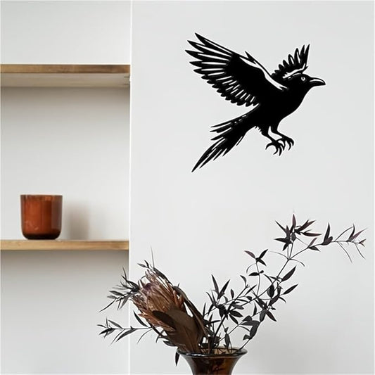 Modern Winged Crow Wall Art - Minimalist Black Metal Raven, Sleek Wrought Iron Bird Decor For Indoor/Outdoor, Contemporary Gothic Home & Garden Statue
