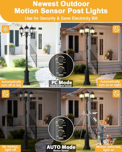 Redluck Motion Sensor Post Light - 3-Head Dusk to Dawn