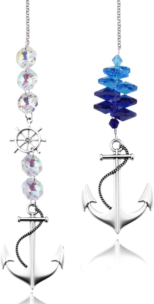Nautical Crystal Suncatchers Set Window Hanging Glass Ship Wheel Hanging Ornaments for Home Boat Decor Sailor Nautical Gifts Sailing Sun Catcher Home Garden Decoration