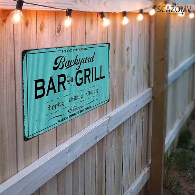 SCAZOMV Backyard Bar and Grill Metal Sign - Indoor/Outdoor Patio Decor for Home Barbecue - Funny Accessories for Home Bar