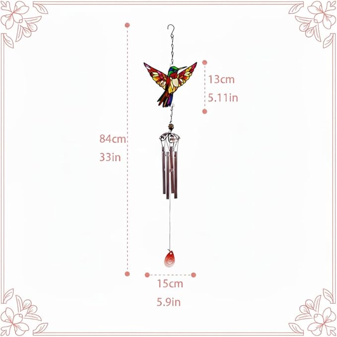 Wind Chimes for Outside, Amber Stained Glass Hummingbird Wind Chime, Deep Tone Memorial Gifts for Women Mom Grandma, Durable Metal Garden Patio Yard Window Decoration