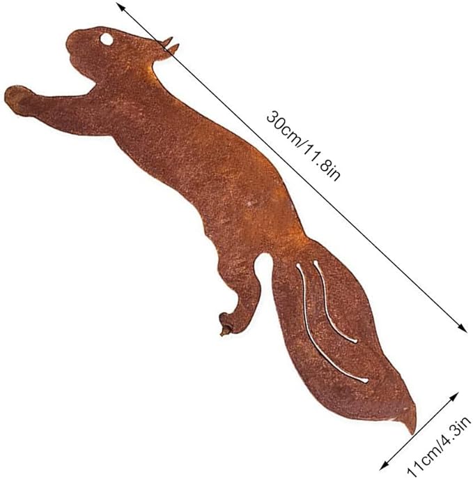 Rustic Metal Squirrel Garden Statue with Rusty Finish, Weather-Resistant Iron Yard Decor Stake for Courtyard or Lawn, 12in and 16.5in(30cm)