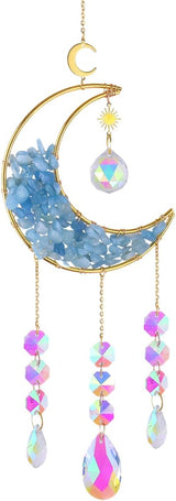 Crystal Suncatcher Hanging Moon Sun Light Catcher with Glass Prisms for Window Natural Kyanite Crystal Decor Home Indoor Making Rainbows