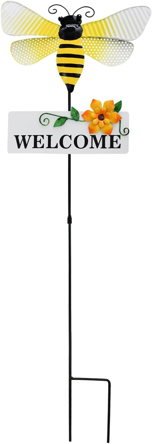 Garden Decor Metal Welcome Yard Stakes Spring Lawn Art Patio Decorative Plant Stake for Flower Pot Pathway Porch Backyard Indoor Outdoor Decoration (Bee)