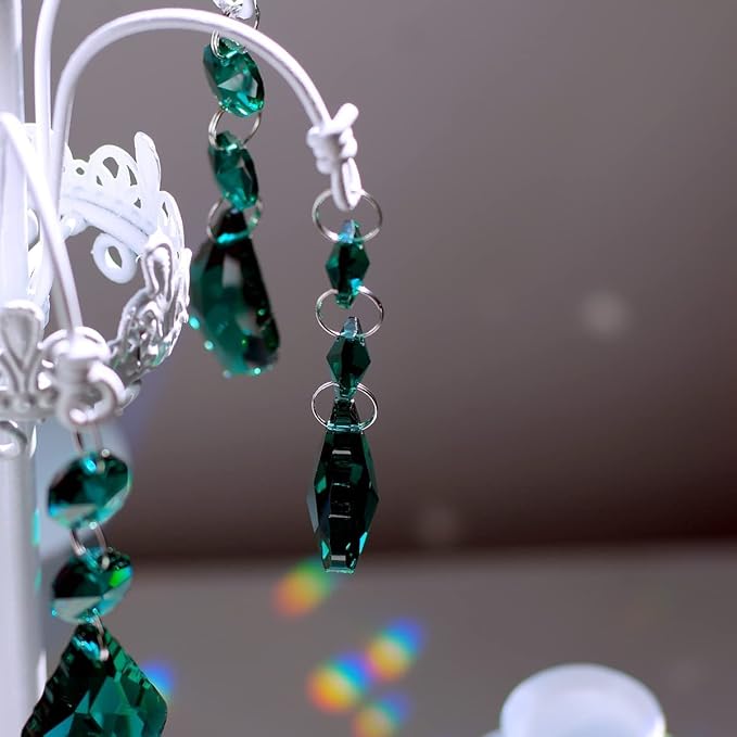 20pcs Chandelier Crystals Maple Leaf Prism Pendant Parts Connected Glass Octagon Beads Chain for Chandelier Decoration 38mm (Peacock Green)