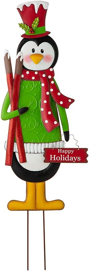 Glitzhome 36" H Metal Penguin Yard Stake, Garden Penguin Sign Christmas Ornaments Garden Stakes Lawn Patio Decor for Outdoor Stake Indoor Standing Hanging Decorations