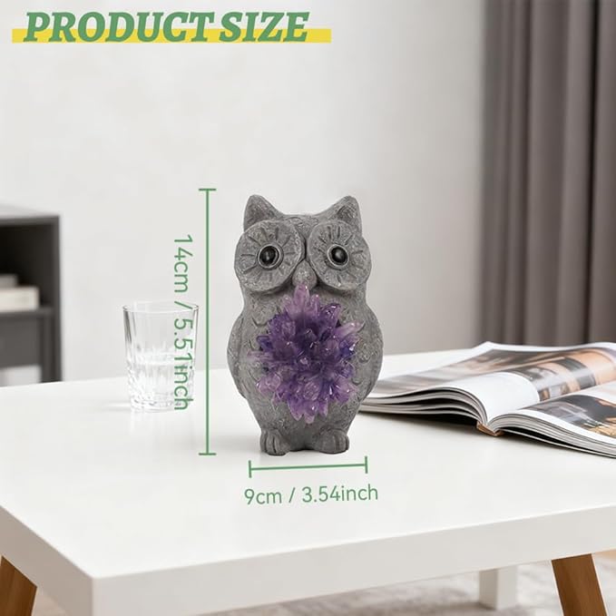 Solar Owl Light Statue Light Resin Figurine with Purple Stone Cluster & Solar Lamp, Indoor Outdoor Amethyst Crystal Home Decor, Spiritual Ornament for Crystal Enthusiasts & Garden Aesthetic Lovers