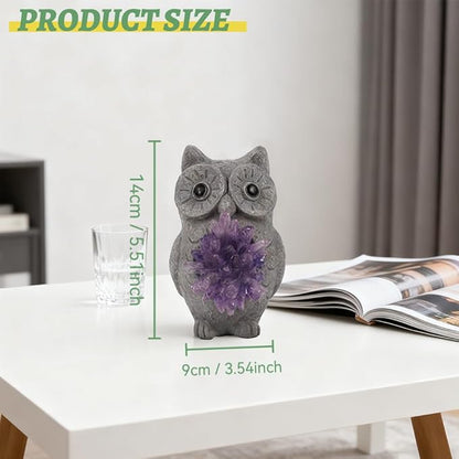 Solar Owl Light Statue Light Resin Figurine with Purple Stone Cluster & Solar Lamp, Indoor Outdoor Amethyst Crystal Home Decor, Spiritual Ornament for Crystal Enthusiasts & Garden Aesthetic Lovers