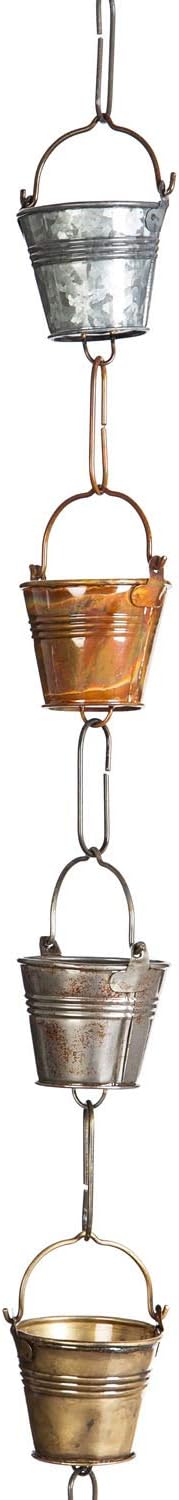 Evergreen Iron Buckets 8 foot Metal Rain Chain - Gutter Downspout Diverter, Decorative Garden Rain Catcher, Outside, Garden, Patio, and Deck