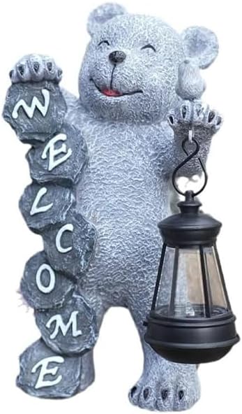 Bear Figurine Light Solar Powered Led Light- Welcome Lawn Decor Bear Garden Statues for Patio, Balcony, Yard Ornament, Outdoor Figurine Light House Housewarming Gifts, 7.8x4.13inch