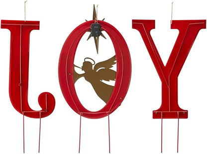 Glitzhome Lighted Joy Angel Garden Stakes, 36.02" H Metal Yard Stake Garden Ornaments Patio Decor Joy Standing Decor or Wall Décor Decorative Sign for Christmas Decorations