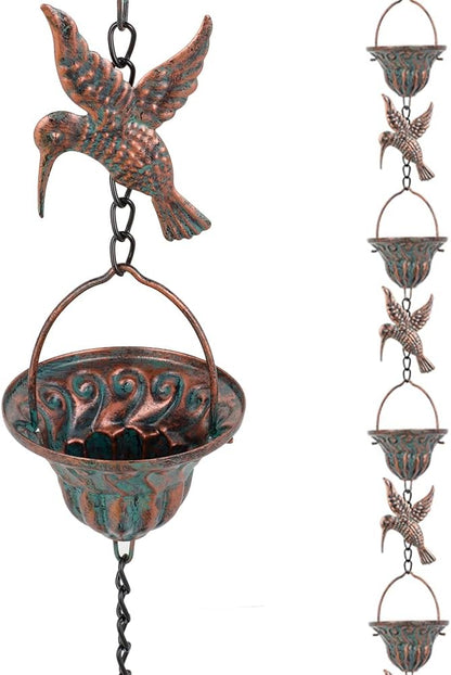 10 FT Lotus Rain Chain and 8.7 Ft Hummingbird Rain Chains, Adjustable Rain Gutter Chain with 12 Cups, Replacement for Downspout