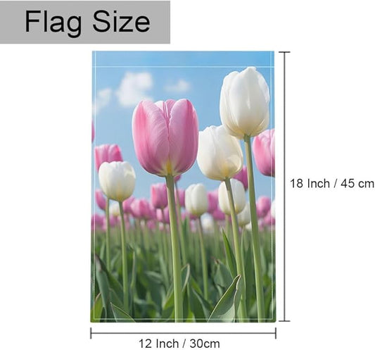 Gkyygk Tulips Flower Welcome Banners Garden Flag Pink White Double Sided 12x18 Inches Farmhouse Holiday Outside Decorations Burlap Yard Flag