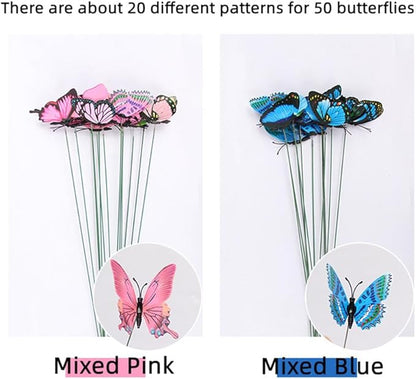 Rikyo 3D Butterfly Garden Stake Decor,10" PVC Butterfly Garden Decor for Outside,Shaking Head Artificial Butterflies for Cake Bouquet Wall Lawn Pathway Plant Pot Flower Bed Yard Decor (50, Colorful)