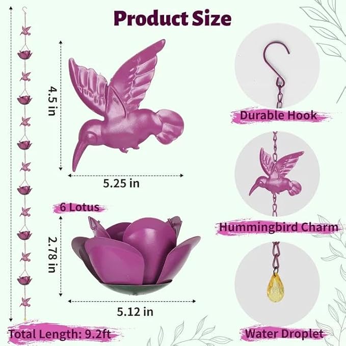 9.2ft Rain Chains for Gutters Outside,Rain Catcher Chain with 6 Lotus Rain Metal Cups & 7 Hummingbird Decor,Adjustable Rain Catcher Chain Replacement Downspout for Gutters,Drainage & Eaves