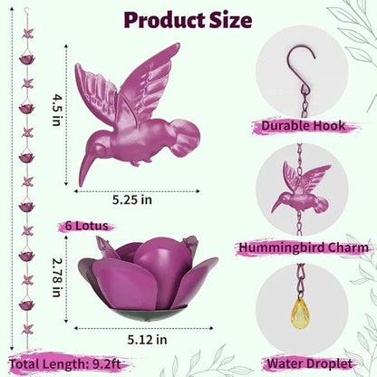 9.2ft Rain Chains for Gutters Outside,Rain Catcher Chain with 6 Lotus Rain Metal Cups & 7 Hummingbird Decor,Adjustable Rain Catcher Chain Replacement Downspout for Gutters,Drainage & Eaves