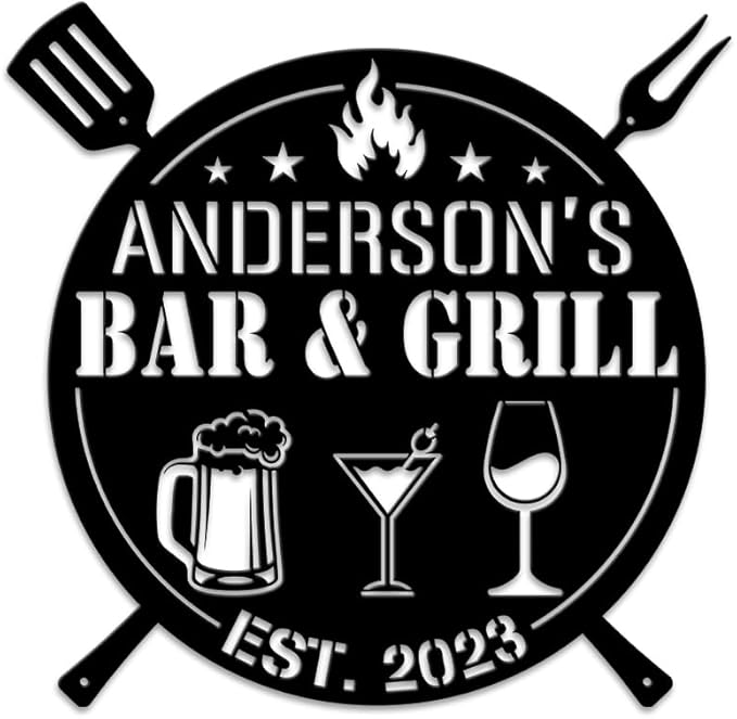 MeMate Bar & Grill Signs,Large Metal Sign Outdoor,BBQ Zone Sign,Grill to Personalize,Personalized Barbecue Signs Kitchen Decor,Custom Name Outdoor Plaques for Backyard Oasis Patio,Bar & Grill (Black)