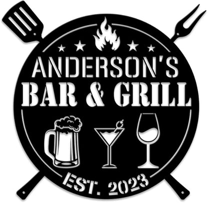 MeMate Bar & Grill Signs,Large Metal Sign Outdoor,BBQ Zone Sign,Grill to Personalize,Personalized Barbecue Signs Kitchen Decor,Custom Name Outdoor Plaques for Backyard Oasis Patio,Bar & Grill (Black)