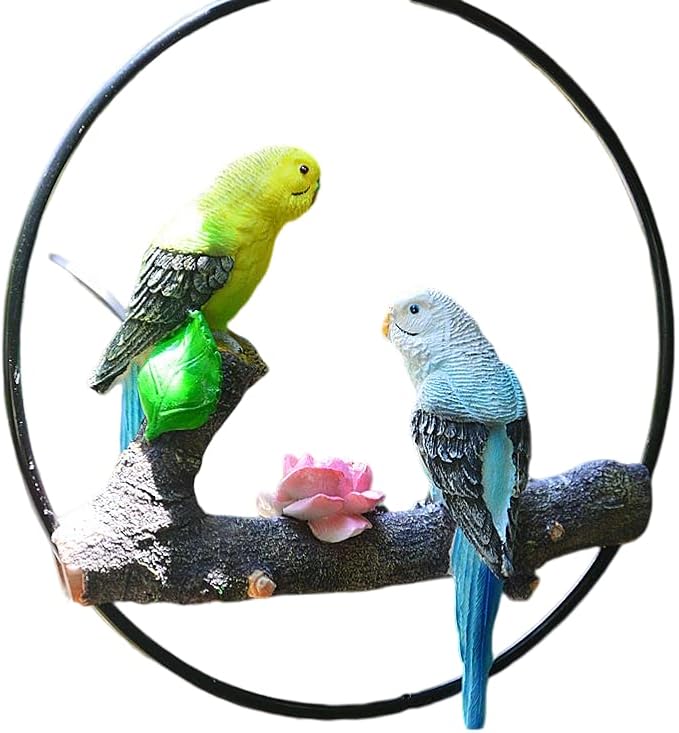 Mini Garden Statues Hanging Iron Ring Parrots, Resin Parrot Hanging Statue, Hanging Birds Figurine for Pathways Yard Patio Office Home Indoor Outdoor Tree Decorations (D-2)