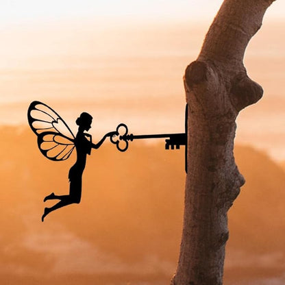 SBOMB Black Iron Art Decorative Metal Crafts, Sitting Fairy Silhouette Garden Statues Outdoor Art Statue for Patio Yard Lawn Tree Wall Deco (Fairy Key)