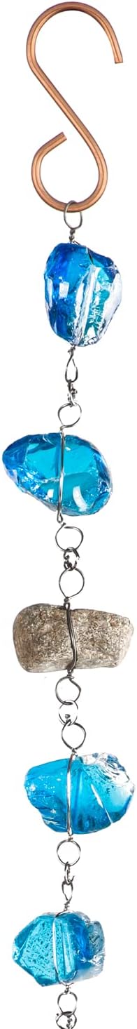 Evergreen 6 Feet Long Blue Glass and Metal Rain Chains for Gutters | Rain Catcher Chain Replacement Downspout | Decorative Rain Chains for Outside Garden Balcony Porch