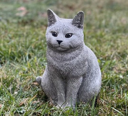 Grey cat Statue Stone cat Figurine Tabby cat Sculpture Outdoor Lawn Ornament Backyard Decor Concrete Cat Memorial Decoration
