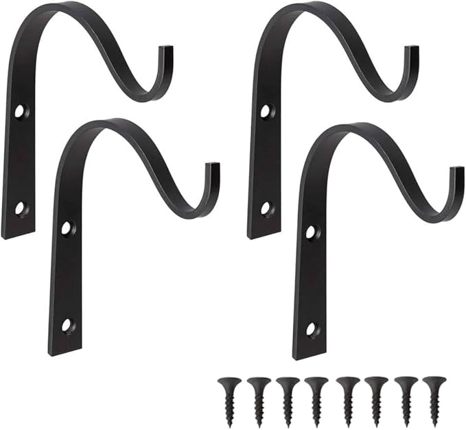 4 Pack Black Iron Wall Hooks for Hanging Plant Lanterns, Plant Hanger Fence Metal Bracket for Bird Feeders, Wind Chimes, Mason Jar Sconces, Light Outdoor Indoor Rustic Home Decor, 4 x 3 Inch
