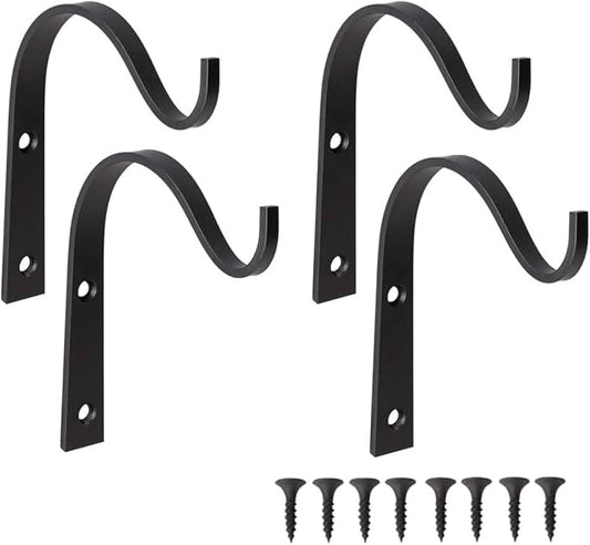 4 Pack Black Iron Wall Hooks for Hanging Plant Lanterns, Plant Hanger Fence Metal Bracket for Bird Feeders, Wind Chimes, Mason Jar Sconces, Light Outdoor Indoor Rustic Home Decor, 4 x 3 Inch