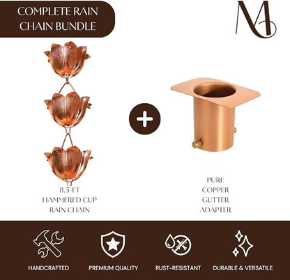 Monarch Rain Chains Pure Copper Lotus Rain Chain with Gutter Adapter, 8.5 ft Decorative Downspout Replacement & Copper Rain Chain Gutter Adapter