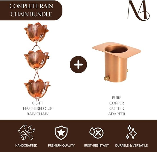 Monarch Rain Chains Pure Copper Lotus Rain Chain with Gutter Adapter, 8.5 ft Decorative Downspout Replacement & Copper Rain Chain Gutter Adapter