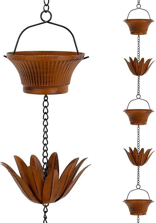 Lotus Rain Chains for Outside, 9.8FT Rain Gutter Chain with 16 Cups, Adjustable Rain Catcher Chain for Eaves Drainage, Replacement for Downspout