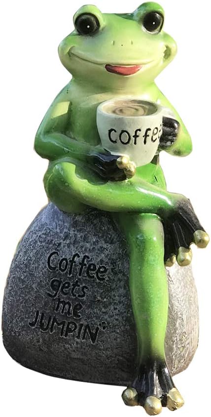 YANGMEI 6" Drinking Coffee Green Frog Sitting on Stone Statue Creative Garden Statue Decoration Collectible Frog Figurine Statue