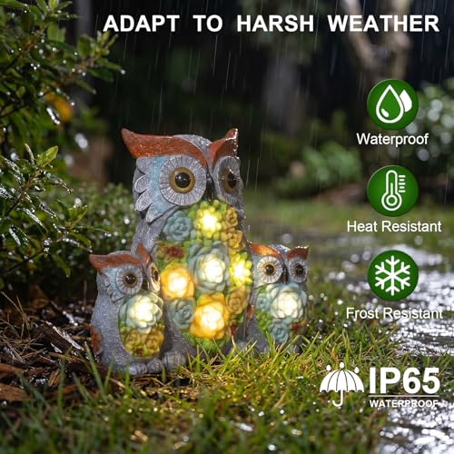 Solar Owl Garden Statue - LED Succulent Flowers, Waterproof Resin