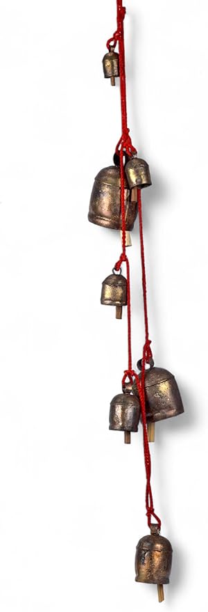 Handmade Rustic Bells Wind Chimes for Outside 7 Hanging Bells on Rope, Brass-Coated Iron Bells for Door, Outdoor Patio, Farmhouse Decor, Christmas Ornaments, Boho Hanging Bell, Vintage Wind Bell 55"