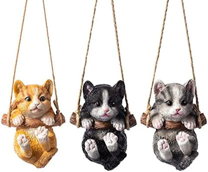 HYFAN Resin Cute Swing Small Cat Sculpture Outdoor Garden Home Office Room Hanging Decor Statue Figurine Pet Ornament Decoration with String (Gray)