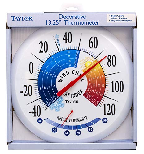 Taylor Wind Chill/Heat Index Thermometer & Hygrometer, Indoor Outdoor Wireless Thermometer with Easy to Read Large Numbers for Patio, Pool, and Indoor Areas, 13.25-inch