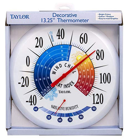 Taylor Wind Chill/Heat Index Thermometer & Hygrometer, Indoor Outdoor Wireless Thermometer with Easy to Read Large Numbers for Patio, Pool, and Indoor Areas, 13.25-inch