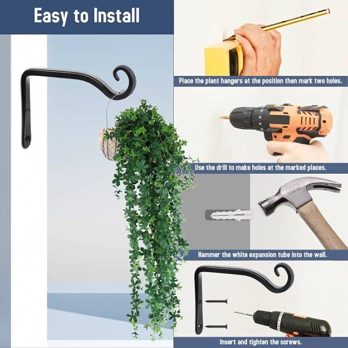 FEED GARDEN Heavy Duty Plant Hooks - 2 Pack 6 Inch Wall Mounted Hanging Brackets, 44lb Capacity Steel Plant Hangers for Bird Feeders, Baskets, Wind Chimes - Black