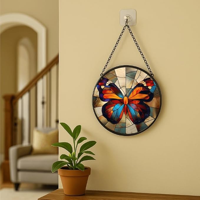Stained Glass Window Hanging - Radiant Sun and Garden Scene Sun Catchers Indoor Stained Glass Panels Wall Decor for Mom, Wife, Lovers, Festive, 7.8in