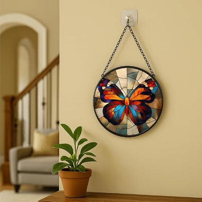 Stained Glass Window Hanging - Radiant Sun and Garden Scene Sun Catchers Indoor Stained Glass Panels Wall Decor for Mom, Wife, Lovers, Festive, 7.8in